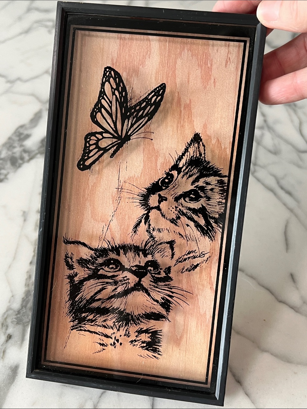 Mcm vintage reverse painting Leon Burrows with Kittens Butterfly art